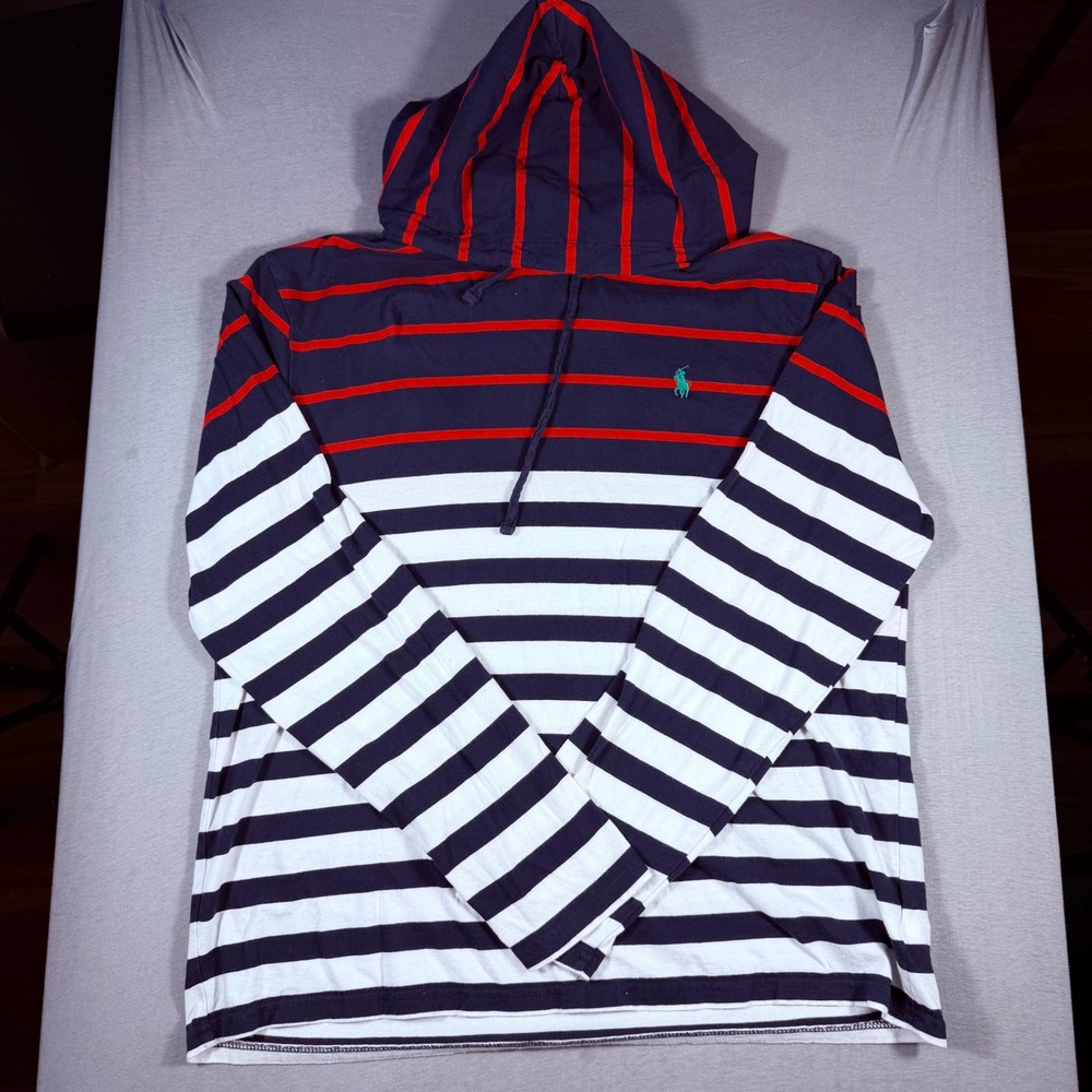 Polo Ralph Lauren Mens Large Striped Hooded Shirt Navy Blue Red White Pony Logo